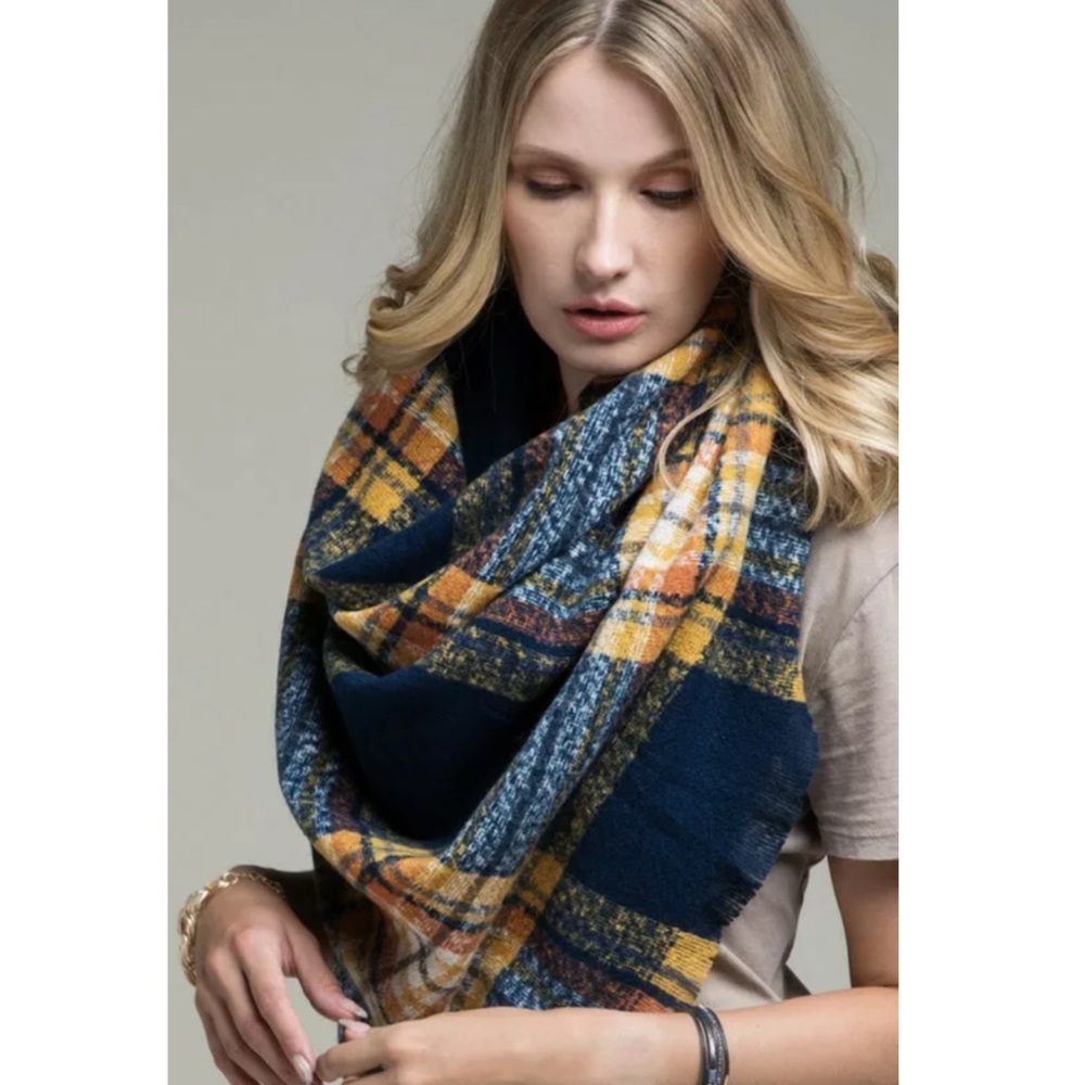 SOLD OUT Navy Glen Plaid Square Blanket Scarf - Picture 3 of 4